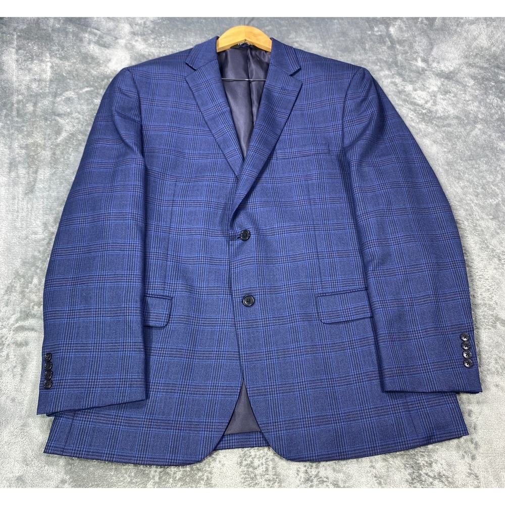 Jos. A. Bank Blazer Mens 44L Blue Glen Plaid Executive 100% Wool Traditional Fit